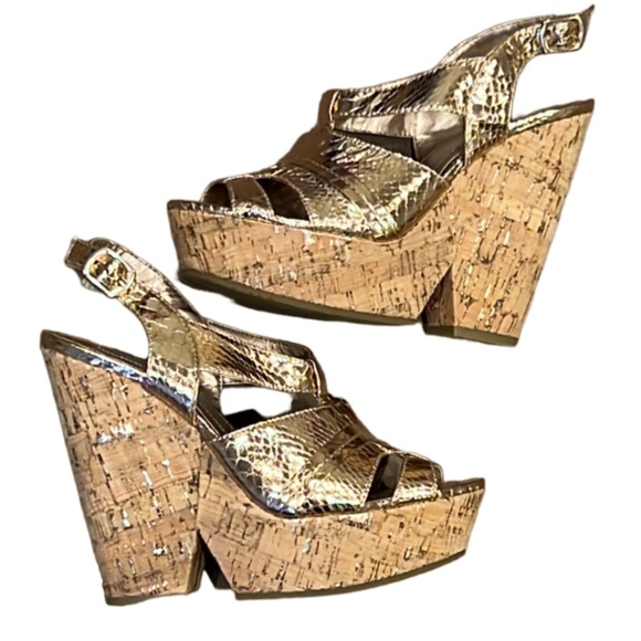 BCBGeneration Edelle Chunky Cork Wedges Platforms Rose Gold Size 7B - Picture 3 of 16